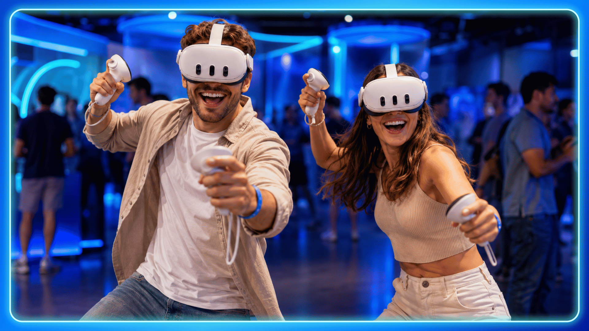 Dos jóvenes con visores Meta Quest 3 juegan un minigame de realidad virtual en una activación inmersiva para stands, con luces de neón azules de fondo