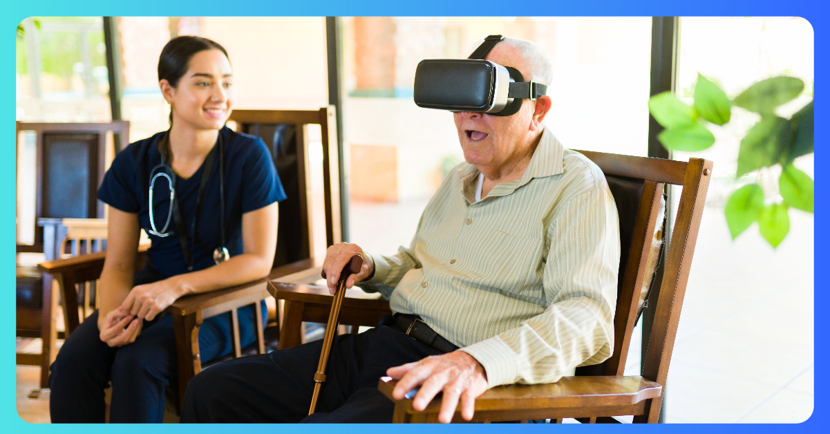 Adulto mayor usando realidad virtual