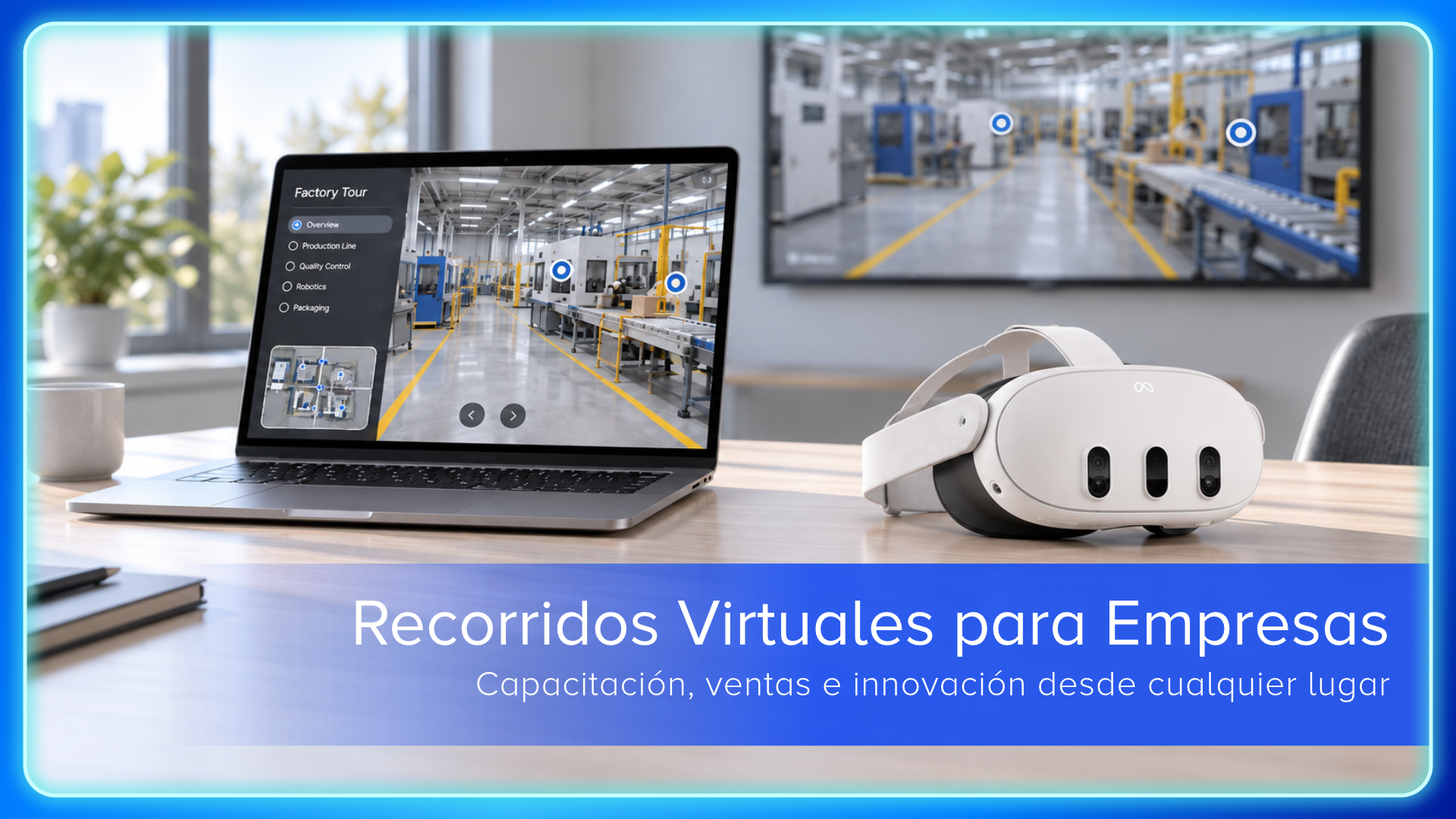 Laptop con un recorrido virtual 3D de una planta industrial y visor de realidad virtual sobre un escritorio de oficina