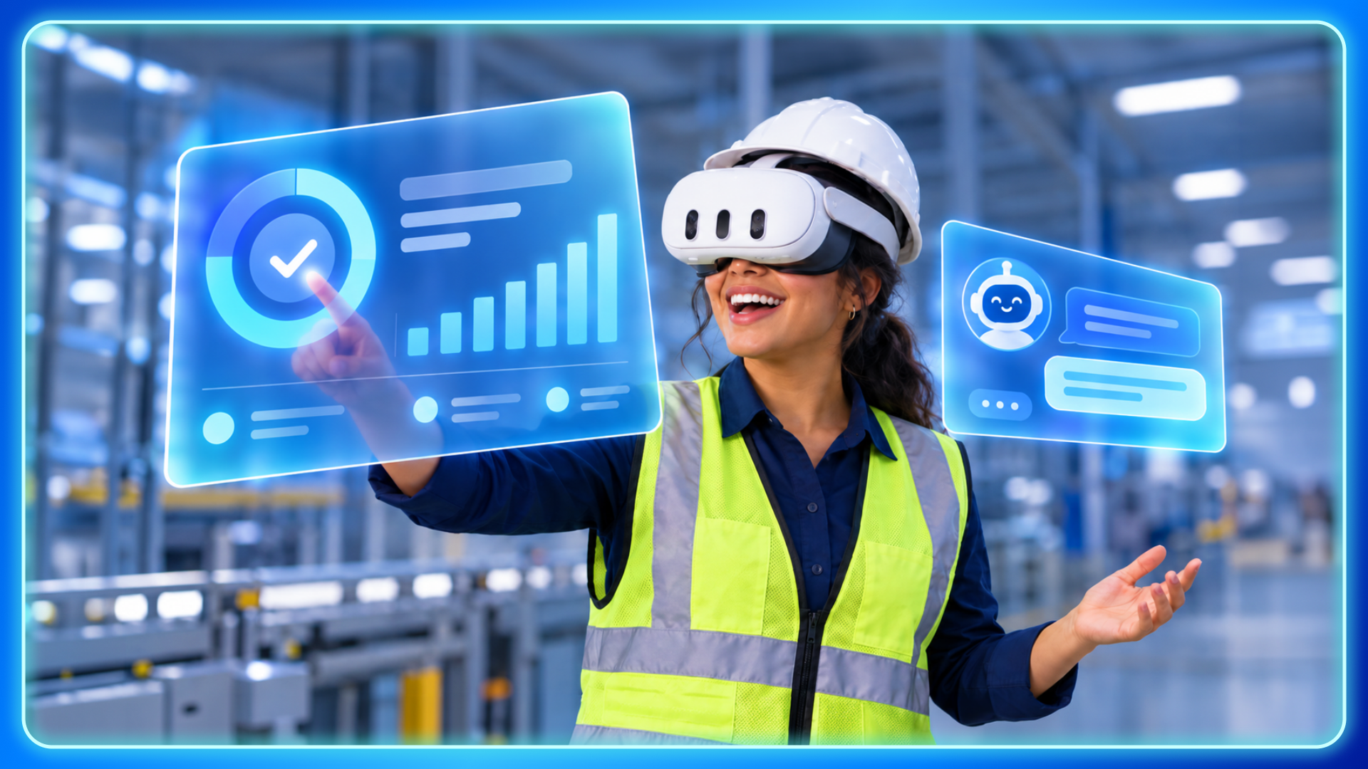 Trabajadora con casco, chaleco y visor de realidad virtual señala con alegría un panel con su progreso de capacitación, junto a un asistente de IA.